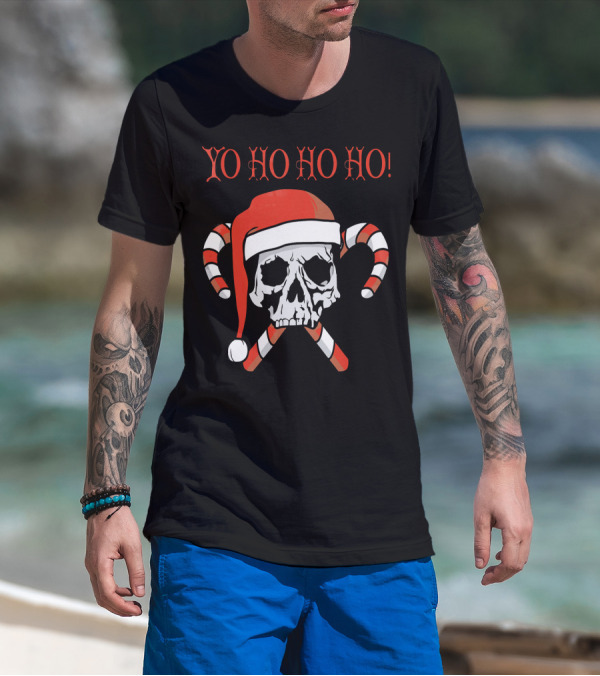 Yo Ho Ho Ho Christmas Pirate Santa Skull With Candy Canes T-Shirt