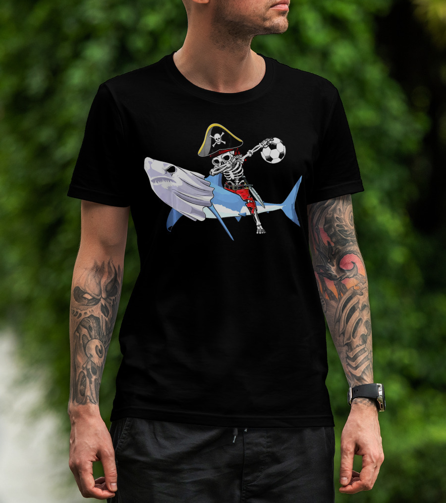 Jolly Roger Pirate Skeleton Dab On Shark Holding Soccer Ball T-Shirt