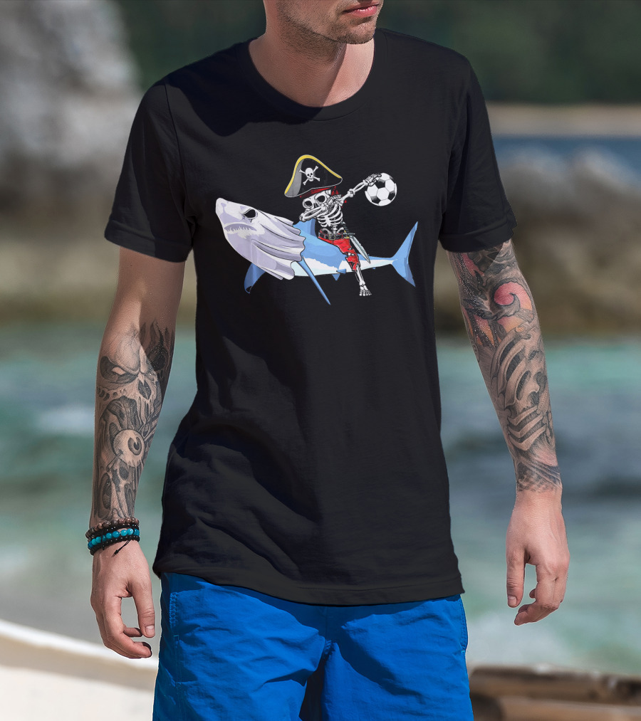 Jolly Roger Pirate Skeleton Dab On Shark Holding Soccer Ball T-Shirt