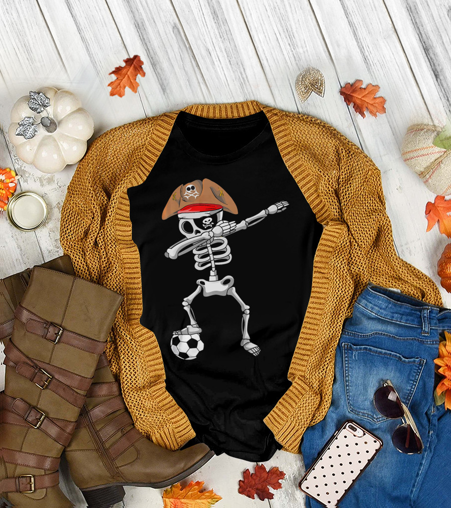 Skull Soccer Pirate Skeleton Dabbing with Eye Patch and Hat T-Shirt