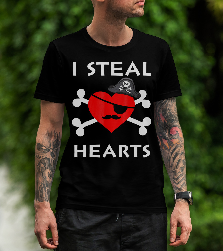I Steal Hearts Valentine Day Pirate Eyepatch Skull Crossbones T-Shirt