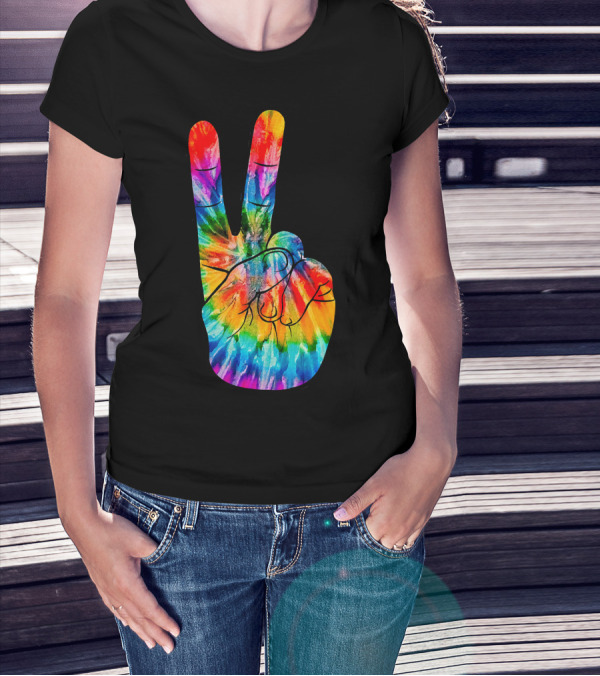 Tie Dye Peace Sign Hand V Victory Love Rainbow T-Shirt