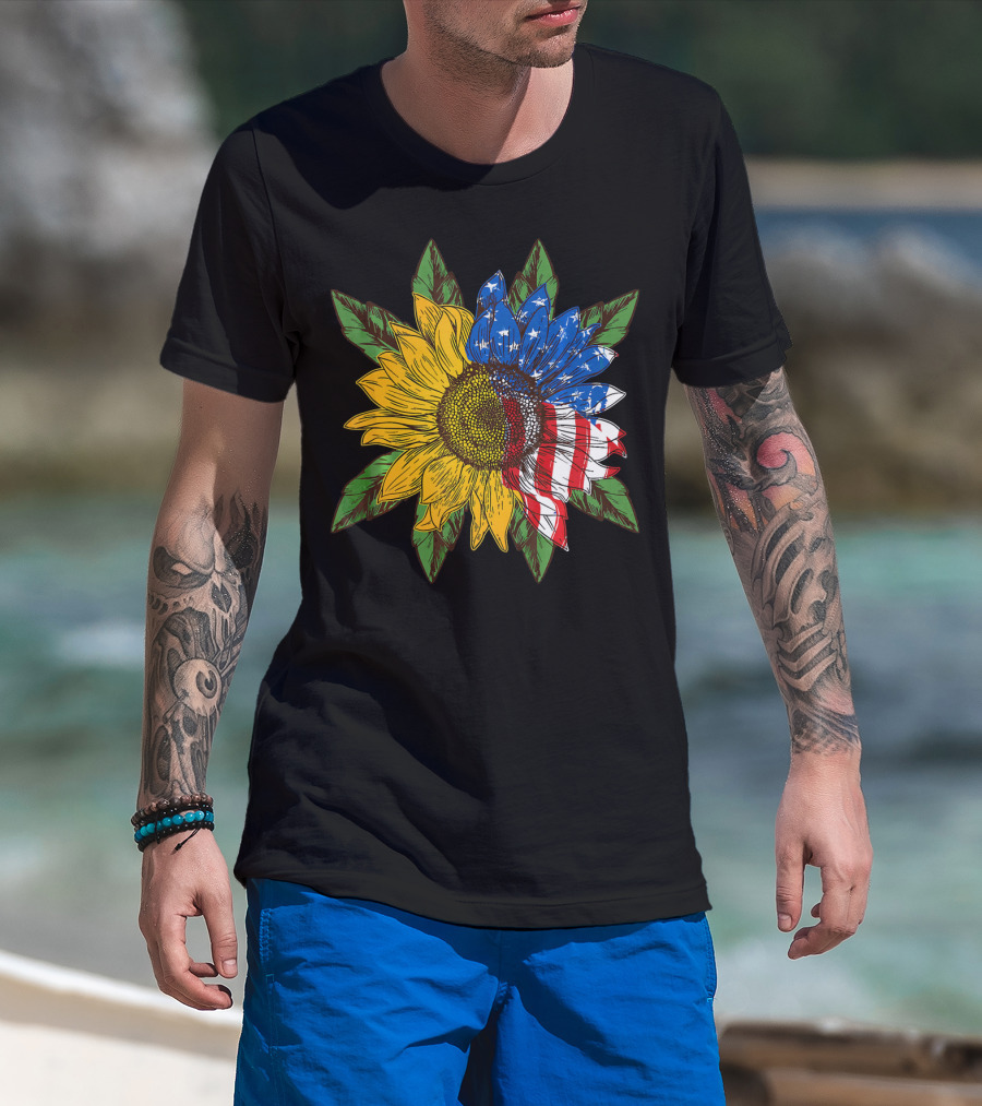 Hippie Peace American Flag Sunflower T-Shirt
