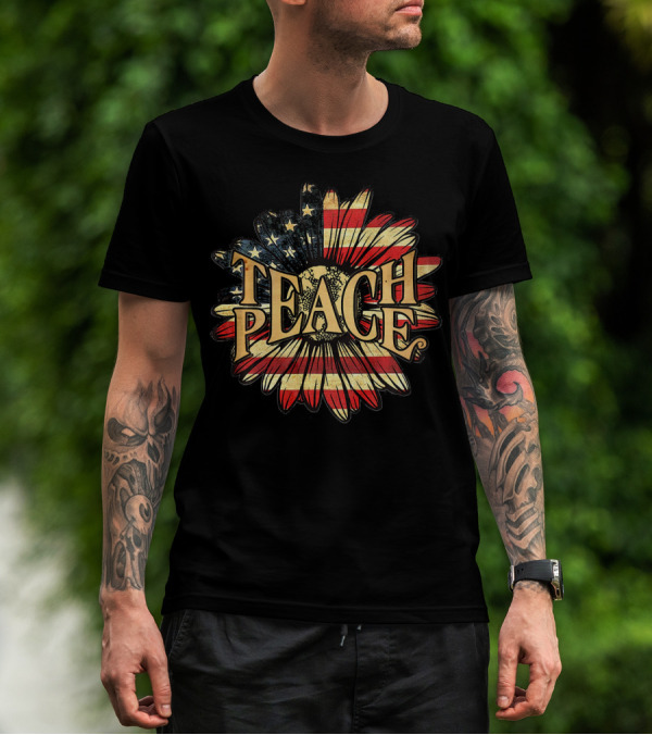 Teach Peace American Flag Flower Blossoms T-Shirt