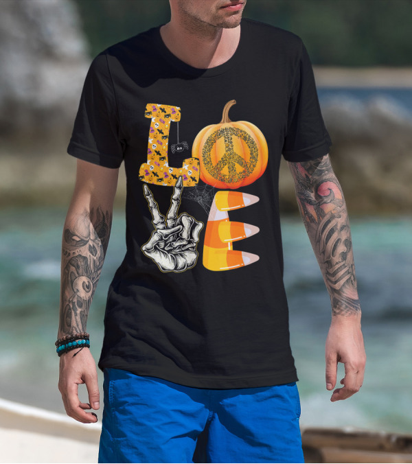 LOVE Halloween Peace Pumpkin Skeleton V Candy Corn T-Shirt