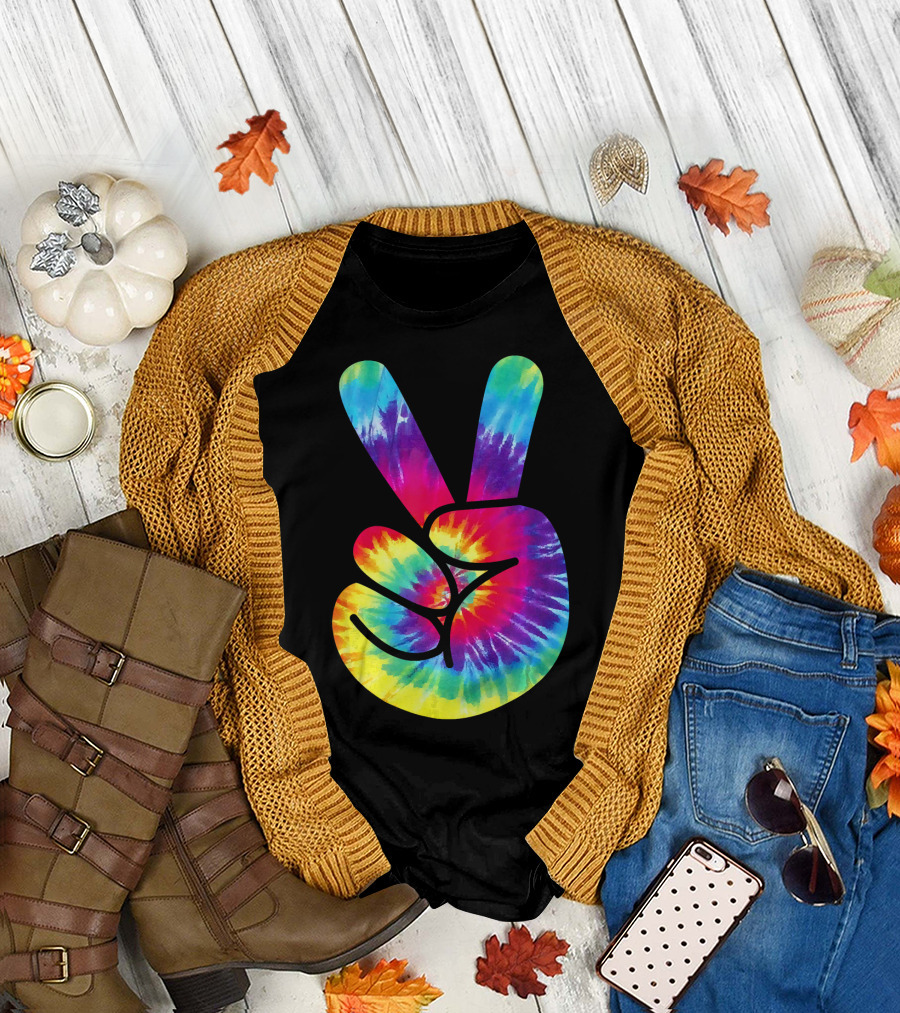 Groovy Tie Dye Peace Sign Two Finger Gesture T-Shirt