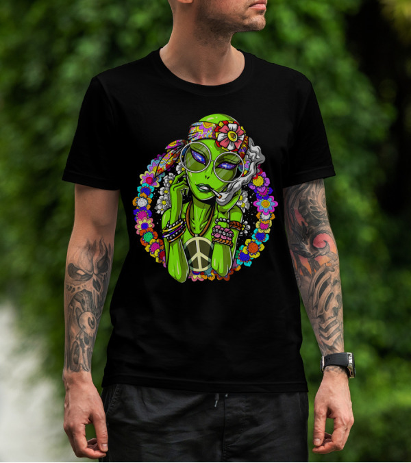 Psychedelic Hippie Alien Smoking With Peace Symbol Surrounded By Vibrant Flowers T-Shirt
