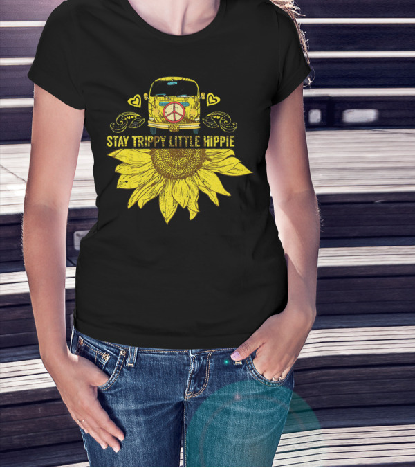 Stay Trippy Little Hippie Peace Sign Bus With Sunflower And Hearts T-Shirt