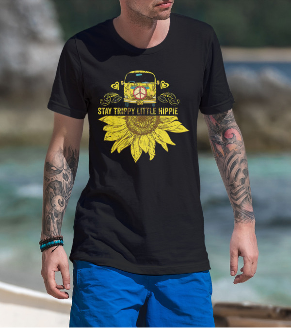 Stay Trippy Little Hippie Peace Sign Bus With Sunflower And Hearts T-Shirt