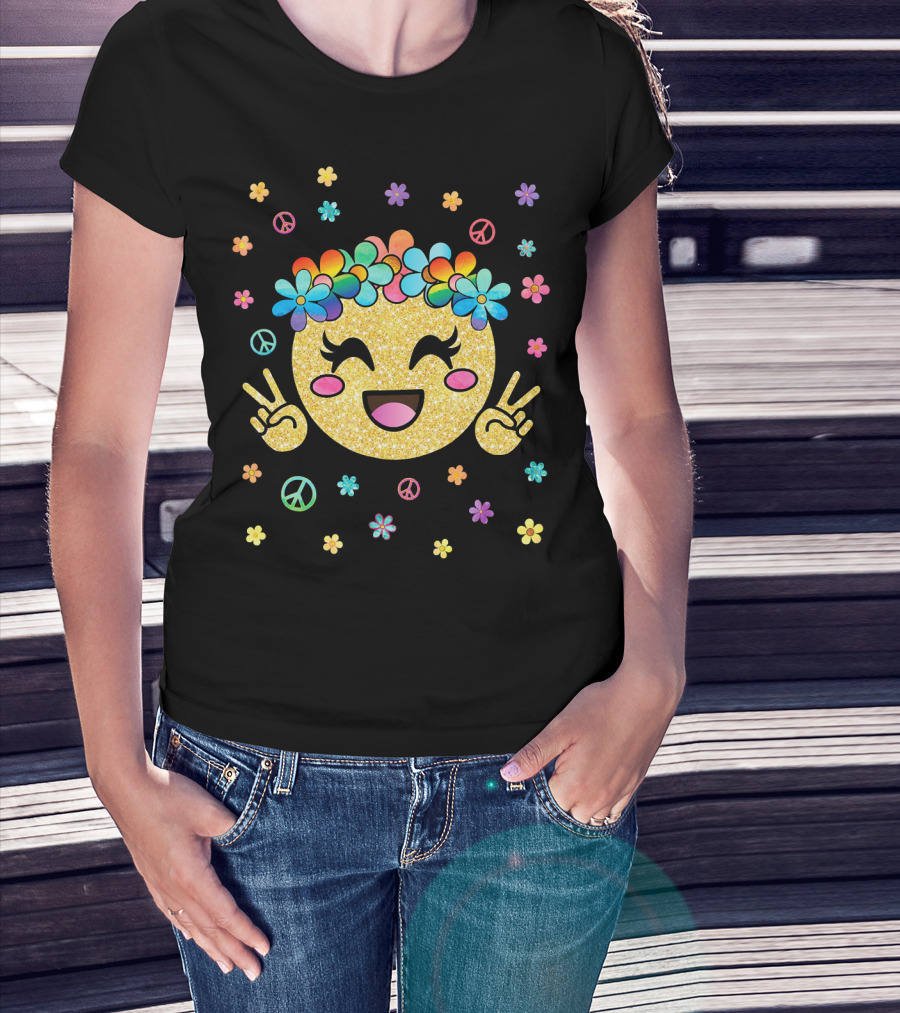 Emoji Kawaii Glitter Peace Rainbow Flower Crown T-Shirt