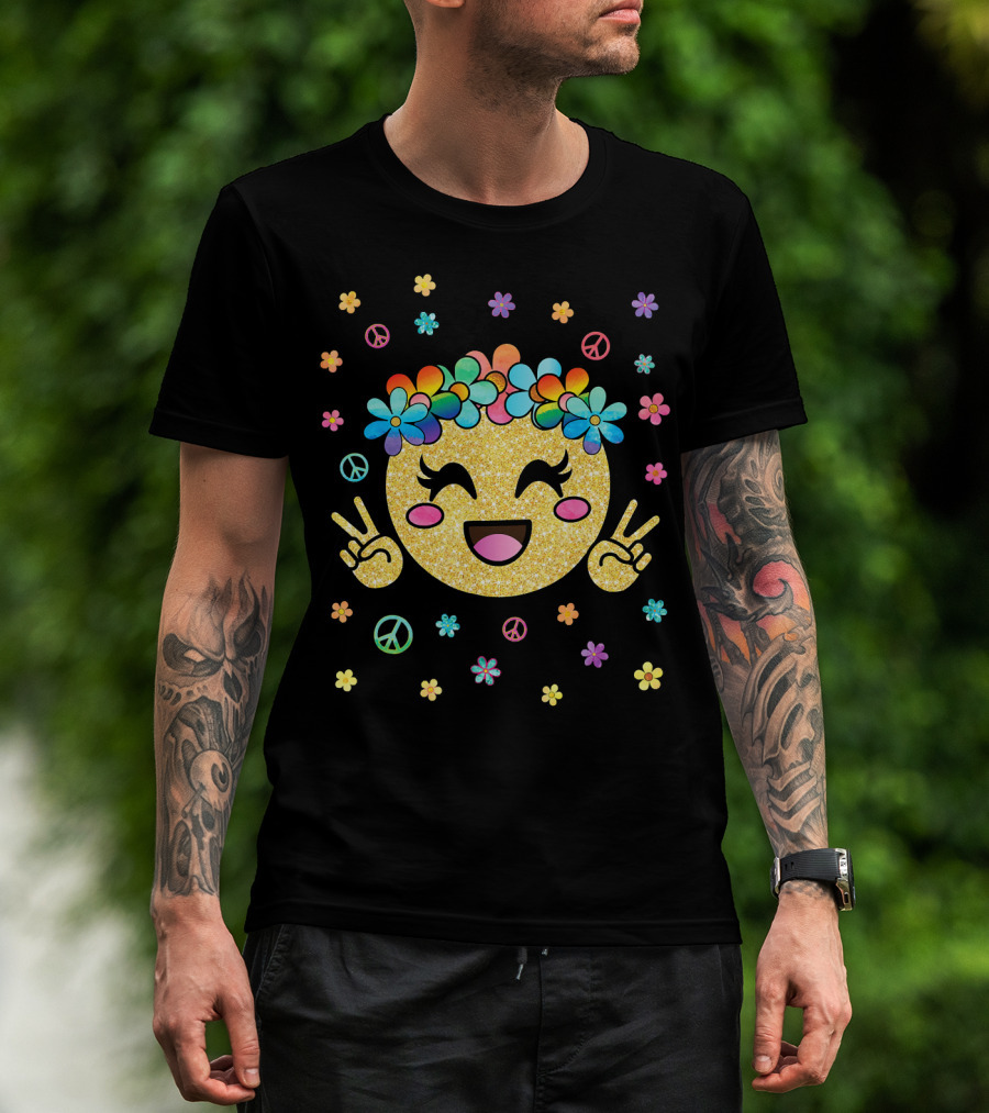 Emoji Kawaii Glitter Peace Rainbow Flower Crown T-Shirt
