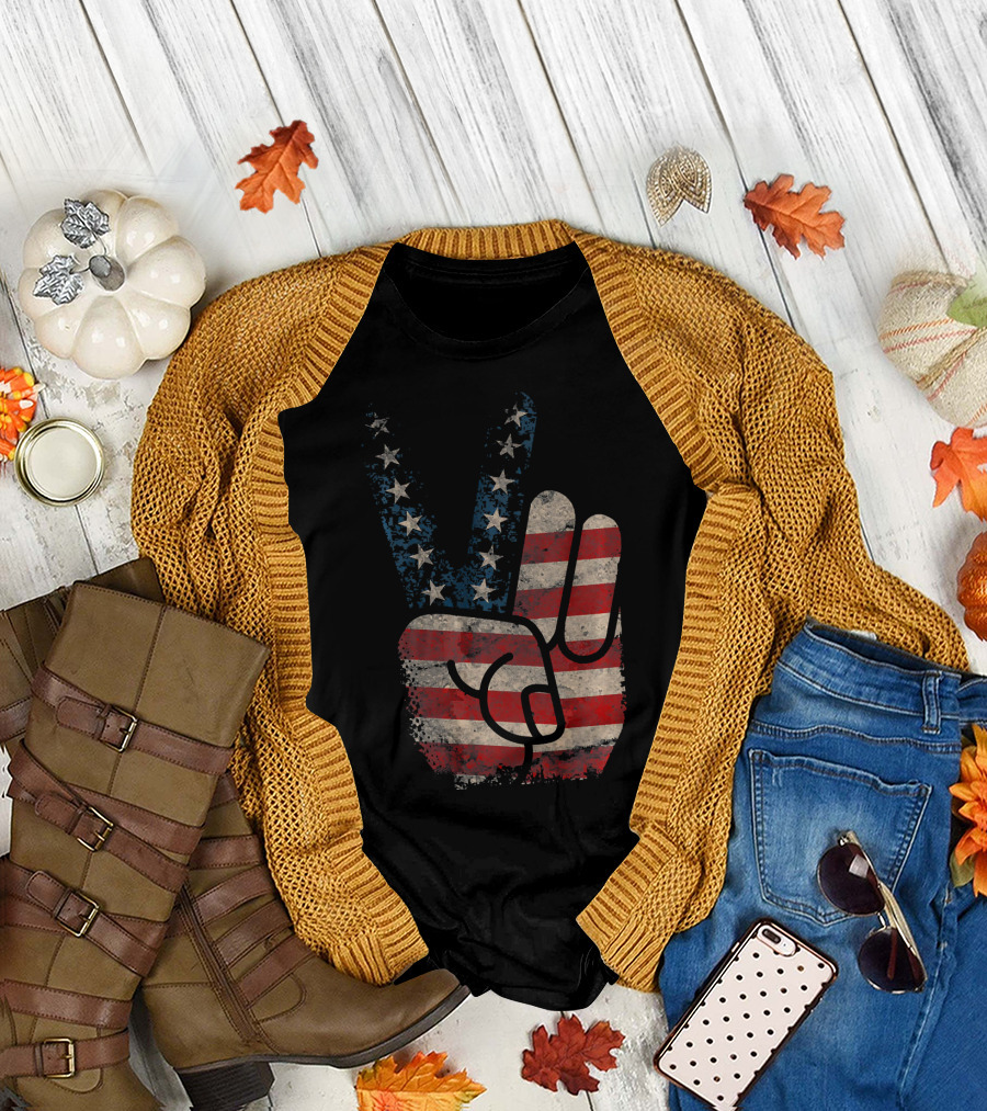 Fourth 4th of July American Flag Peace Sign T-Shirt