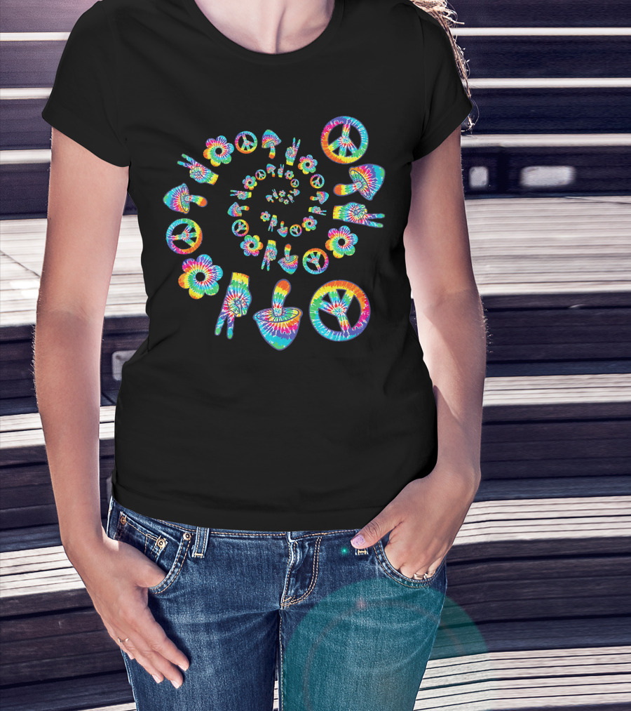 Trippy Peace Sign Tie-Dye Spiral With Colorful Hippie Mushroom And Flower Symbols T-Shirt