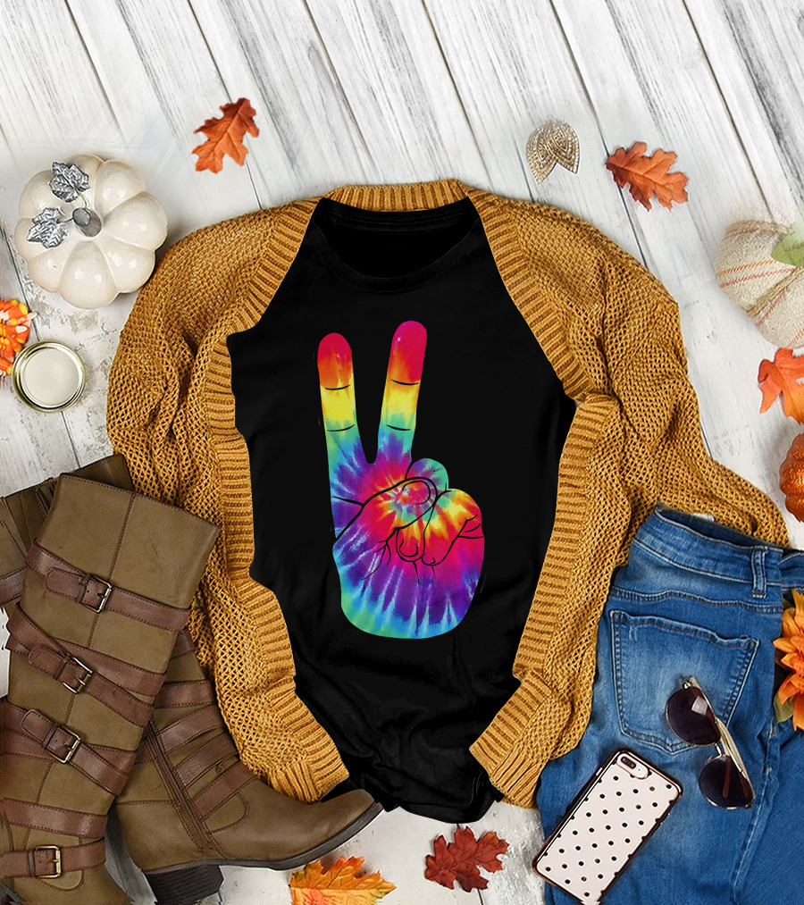 Tie Dye Peace Sign Hand Gesture Rainbow Victory T-Shirt
