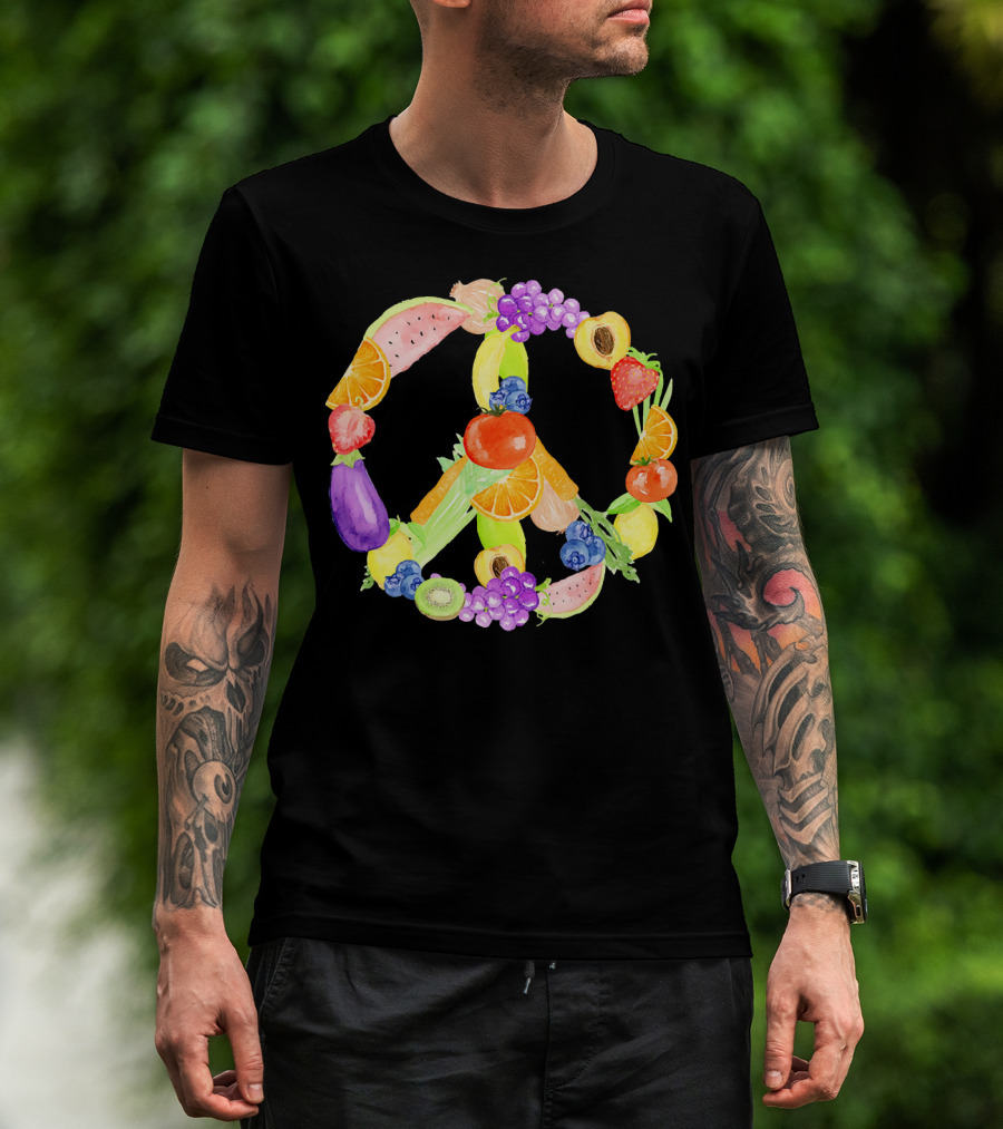 Vegan Fruits Vegetables Peace Sign Watermelon Orange Strawberry Eggplant Banana Kiwi T-Shirt