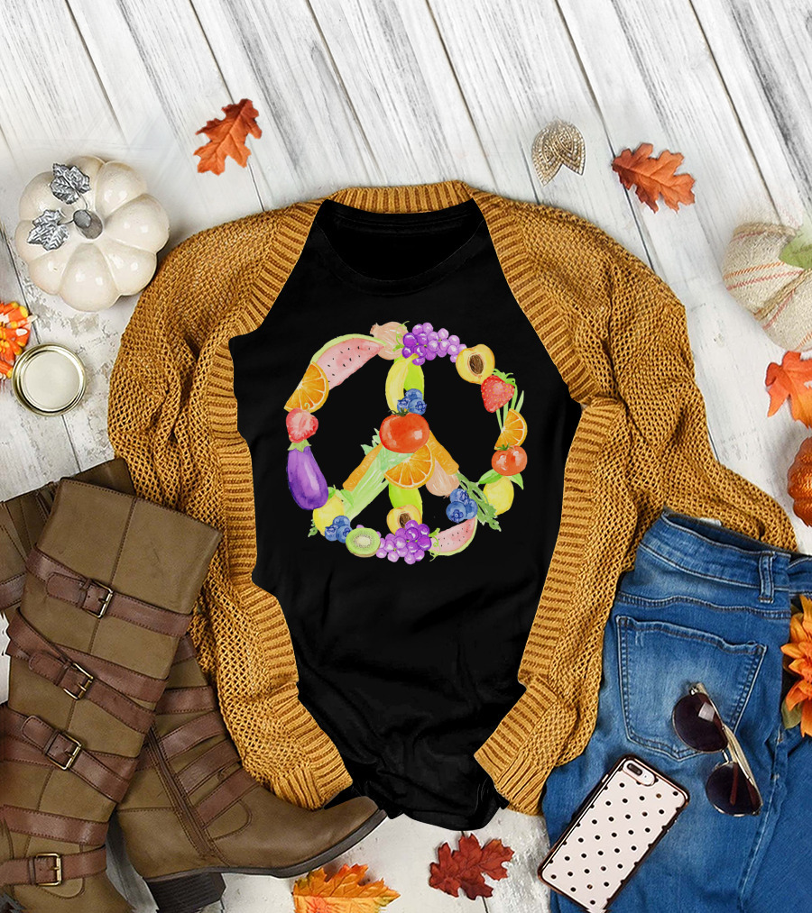 Vegan Fruits Vegetables Peace Sign Watermelon Orange Strawberry Eggplant Banana Kiwi T-Shirt