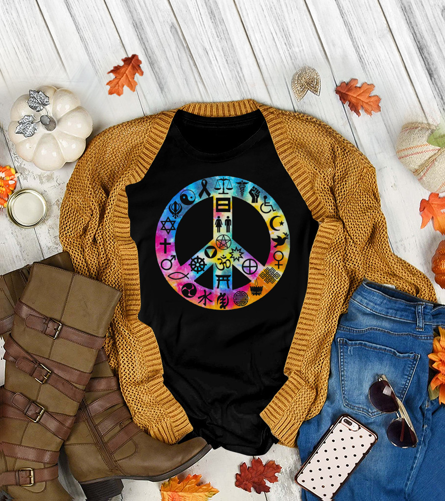 Human Rights Peace Symbol Tie Dye with Diverse Religious and Cultural Icons T-Shirt