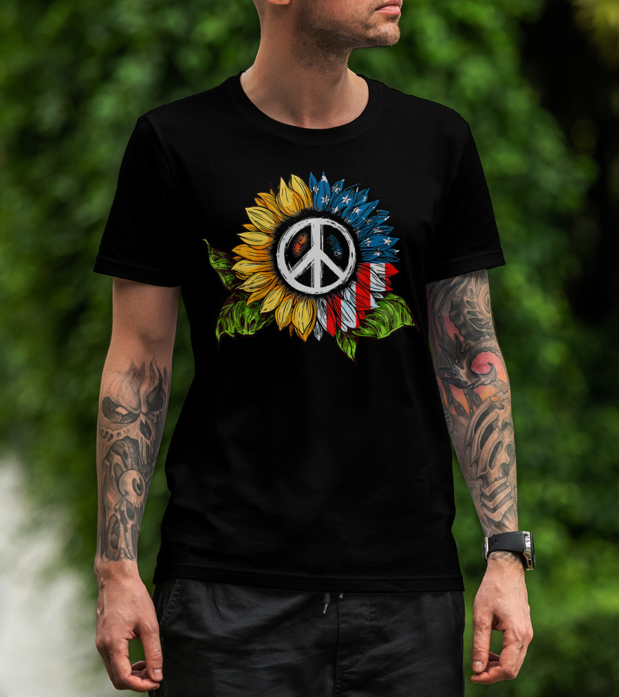 Sunflower Peace Sign American Flag T-Shirt