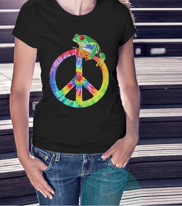 Tie Dye Tree Frog On Peace Sign T-Shirt