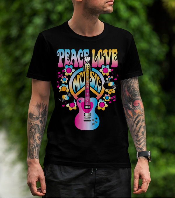PEACE LOVE MUSIC Retro Rock And Roll Guitar Groovy 60s Style With Flowers And Peace T-Shirt
