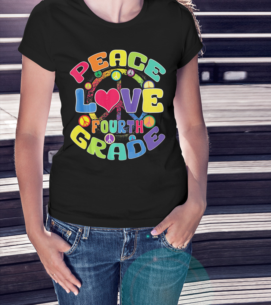 Peace Love Fourth Grade Back To School Groovy Rainbow Peace Signs T-Shirt
