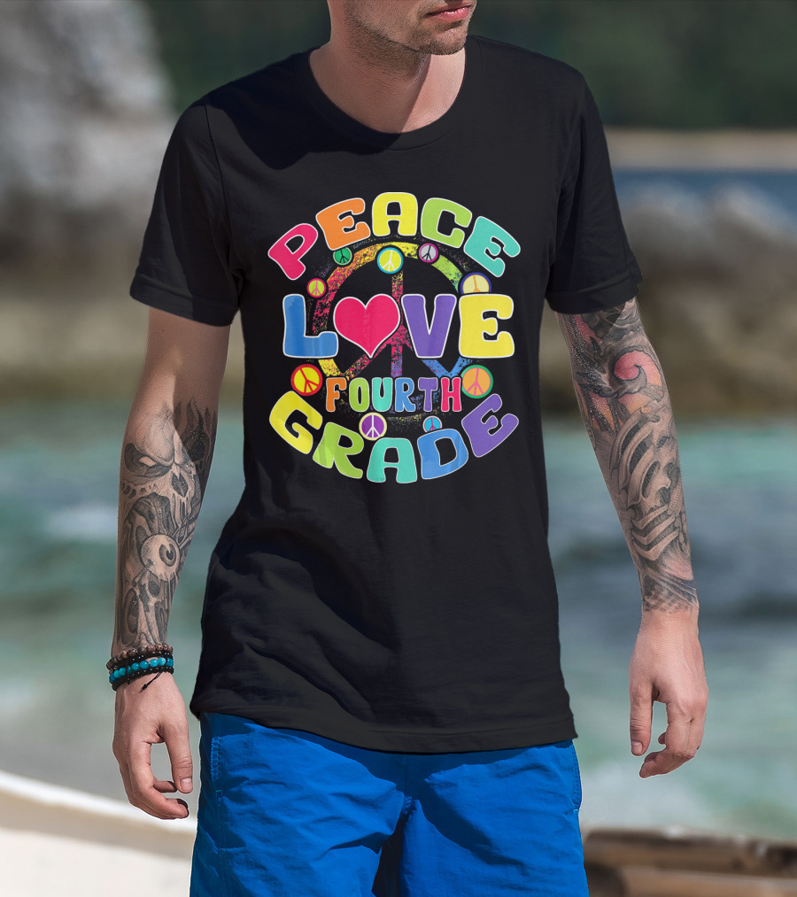 Peace Love Fourth Grade Back To School Groovy Rainbow Peace Signs T-Shirt