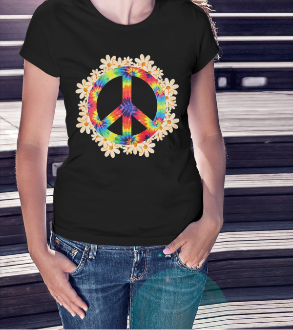 Rainbow Tie-Dye Peace Sign With Daisy Border T-Shirt