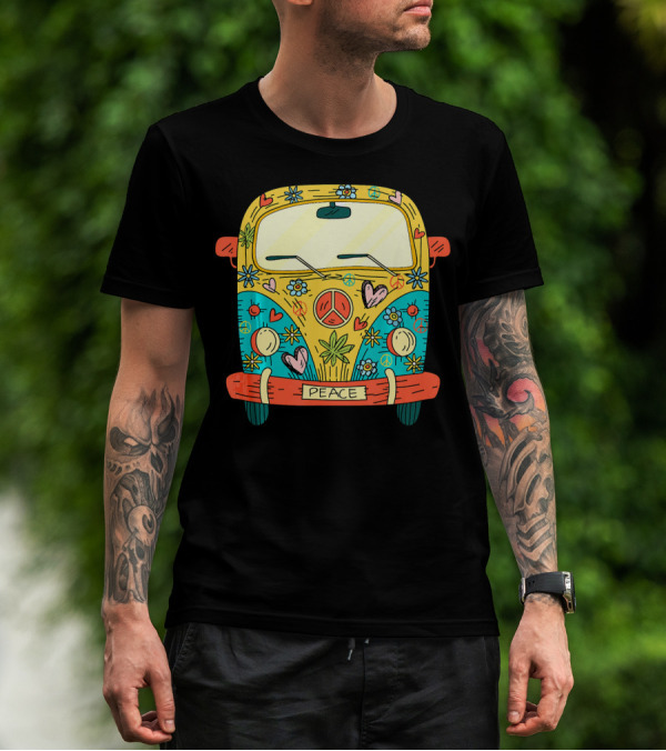 Peace Hippie Van Colorful Flowers And Hearts T-Shirt