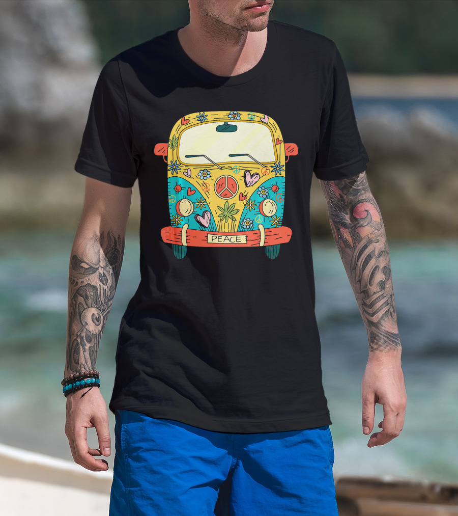 Peace Hippie Van Colorful Flowers And Hearts T-Shirt