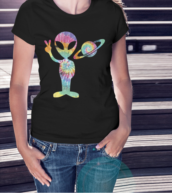 Funny Tie Dye Alien Peace Sign With Planet T-Shirt