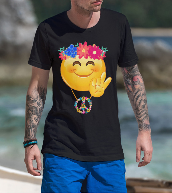 Hippie Flower Power Crown Smiley Peace Sign Necklace T-Shirt