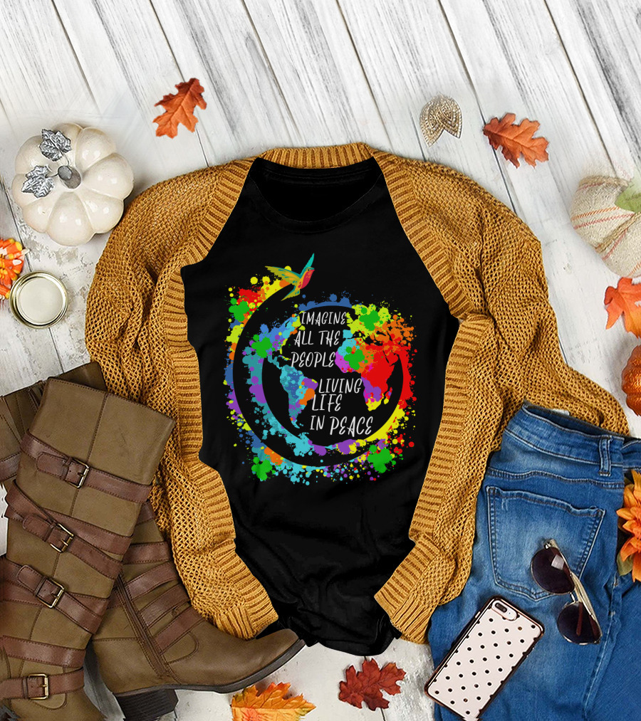 Imagine All The People Living Life In Peace Colorful World Map and Bird T-Shirt