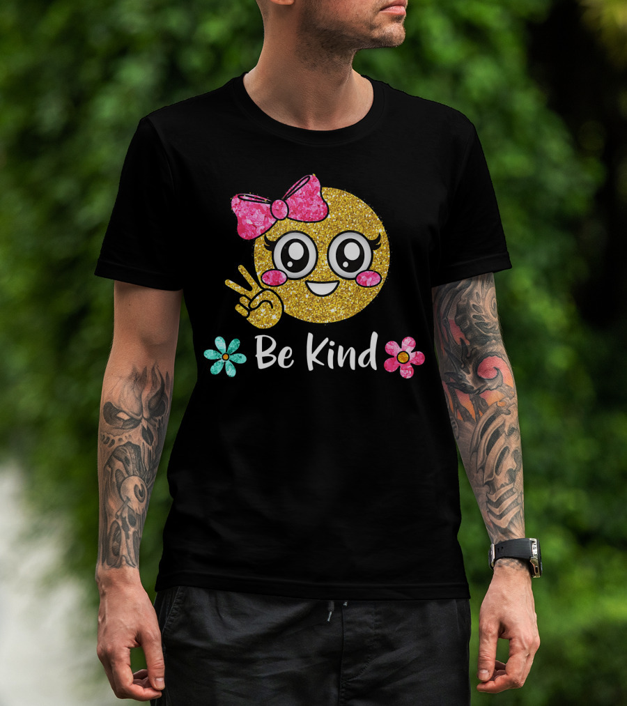 Be Kind Glitter Emoji Kawaii With Pink Bow And Flowers T-Shirt