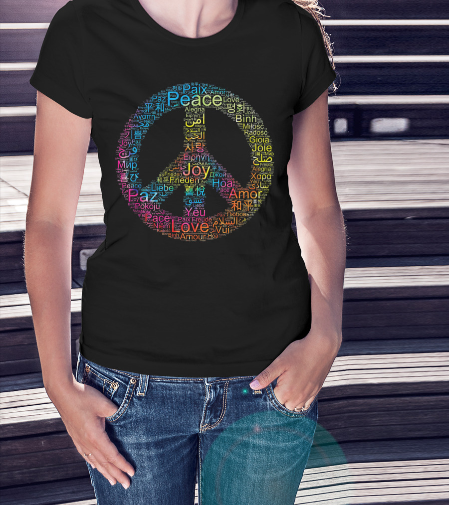 Peace Love Joy Multilingual Peace Symbol Text T-Shirt