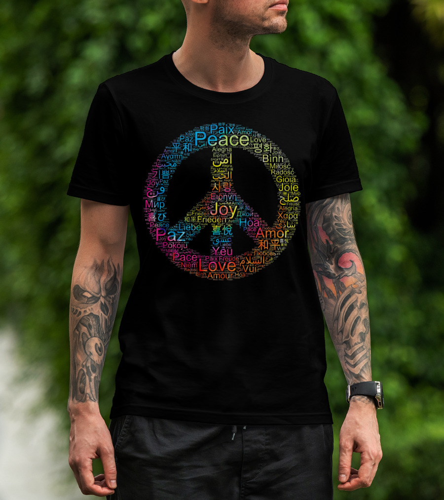 Peace Love Joy Multilingual Peace Symbol Text T-Shirt