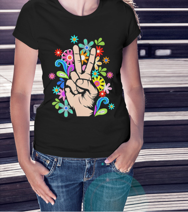 Hippie Cool Hand Peace Sign Surrounded By Colorful Flowers T-Shirt