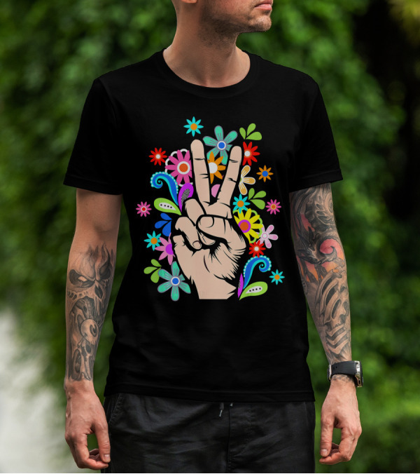 Hippie Cool Hand Peace Sign Surrounded By Colorful Flowers T-Shirt