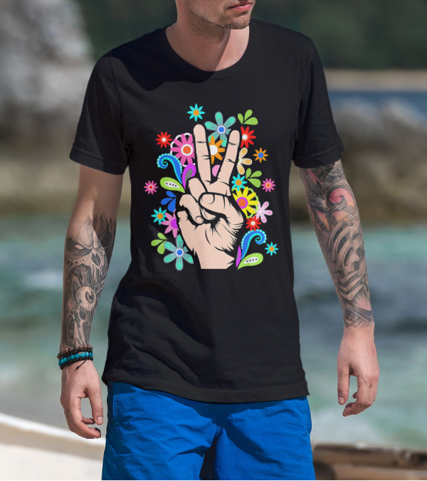 Hippie Cool Hand Peace Sign Surrounded By Colorful Flowers T-Shirt