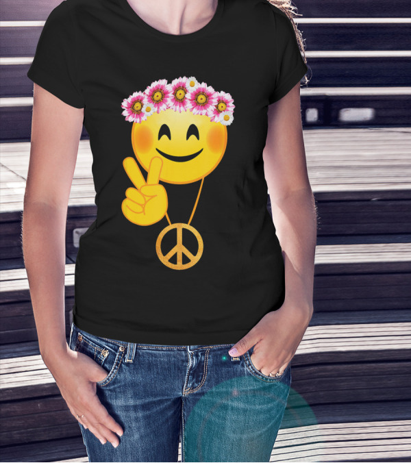 Peace Sign Smiley Face Flower Crown Hippie Necklace T-Shirt