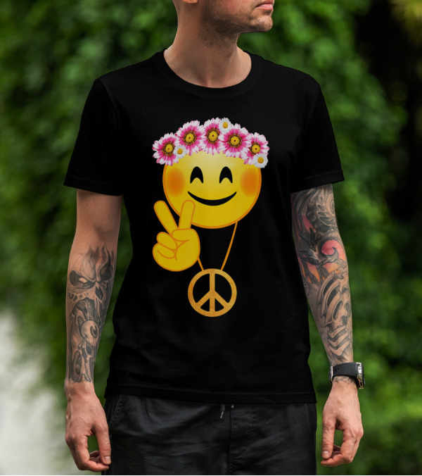 Peace Sign Smiley Face Flower Crown Hippie Necklace T-Shirt