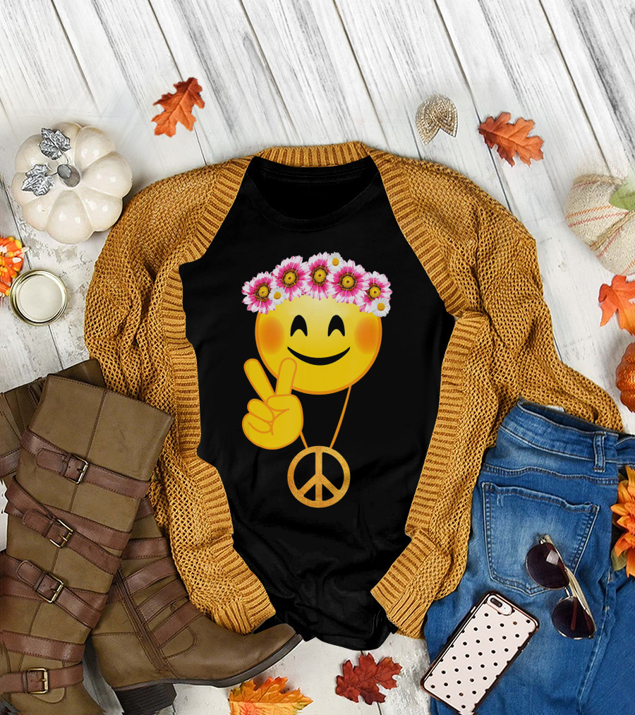 Peace Sign Smiley Face Flower Crown Hippie Necklace T-Shirt