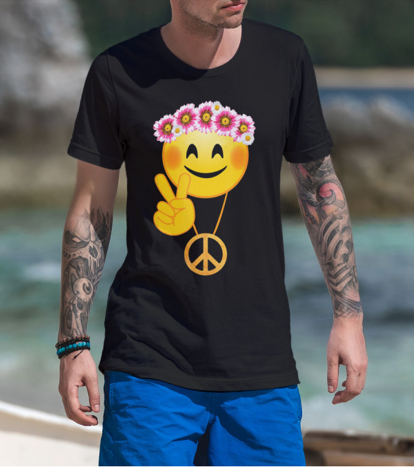 Peace Sign Smiley Face Flower Crown Hippie Necklace T-Shirt