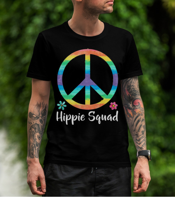Rainbow Peace Sign Hippie Squad Flowers T-Shirt