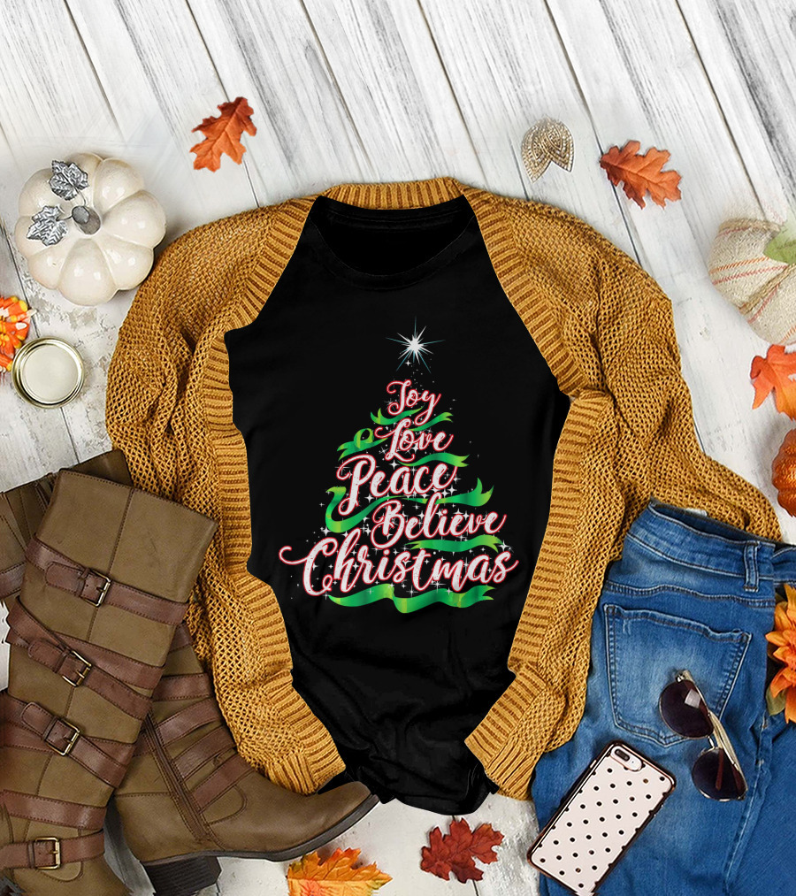 Joy Love Peace Believe Christmas Tree Star T-Shirt
