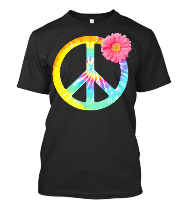Boho Tie Dye Peace Sign With Pink Flower T-Shirt