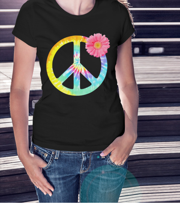 Boho Tie Dye Peace Sign With Pink Flower T-Shirt