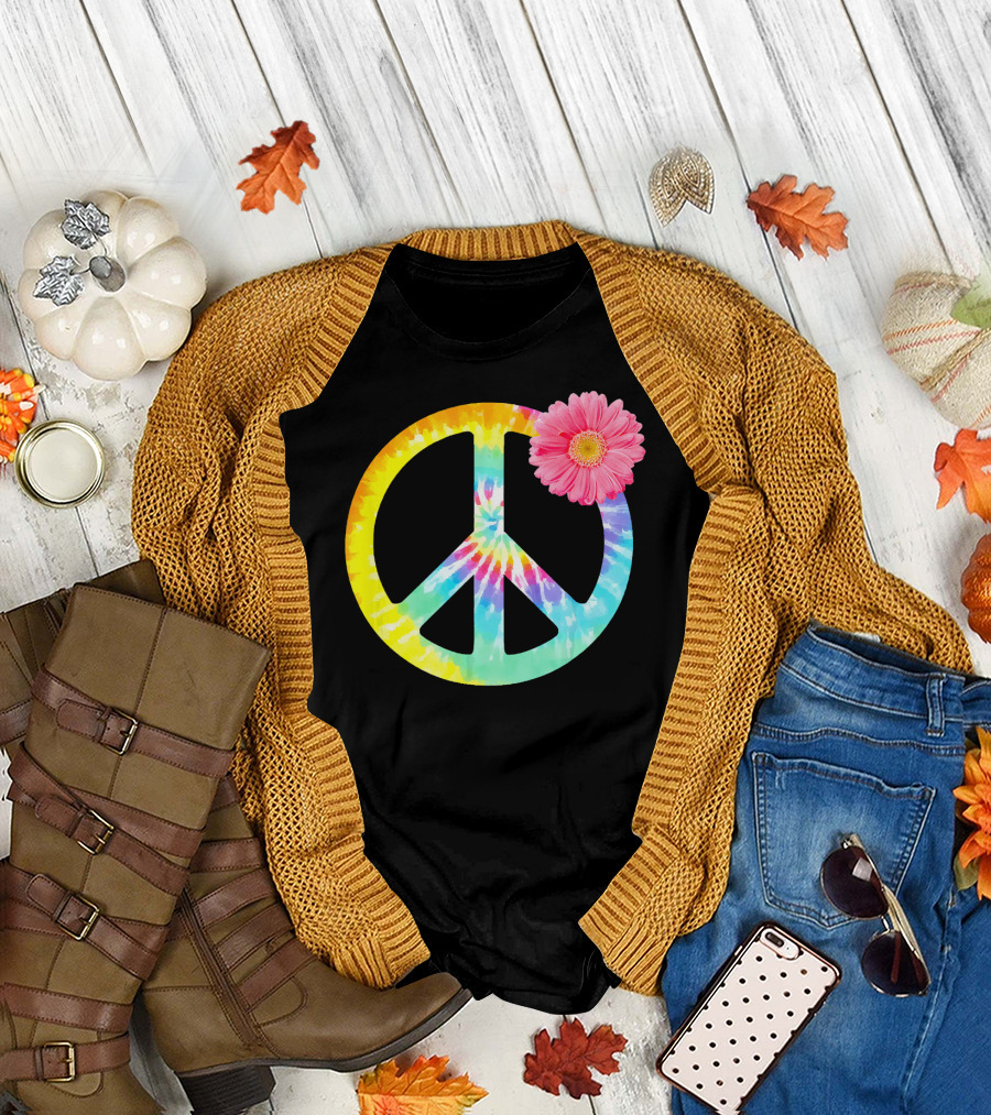 Boho Tie Dye Peace Sign with Pink Flower T-Shirt