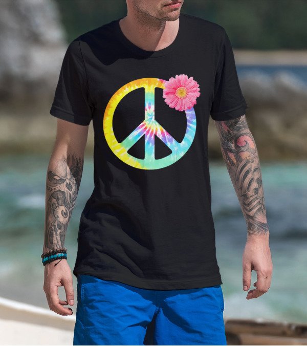 Boho Tie Dye Peace Sign With Pink Flower T-Shirt