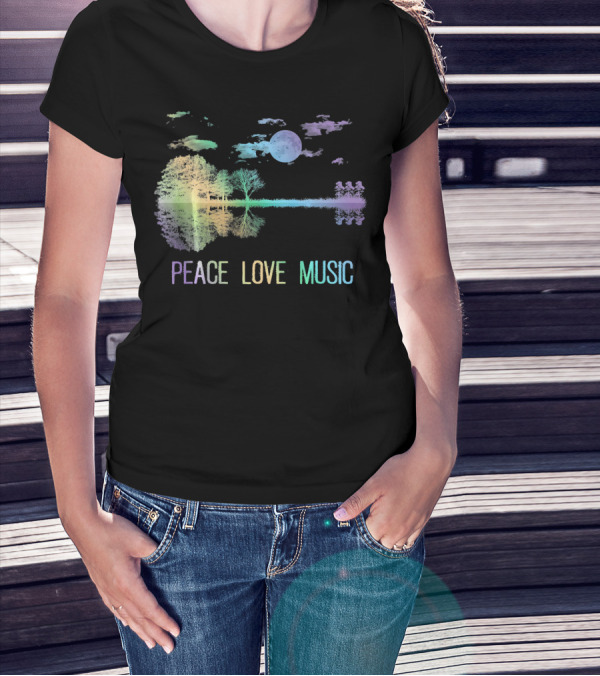Peace Love Music Guitar Moon Lake Shadow Hippie T-Shirt