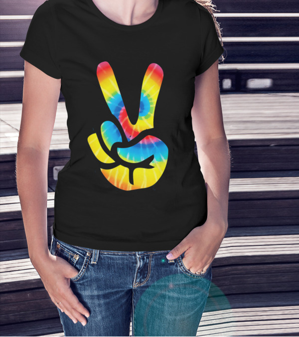 Tie Dye Peace Sign Hand V Symbol Rainbow Psychedelic T-Shirt